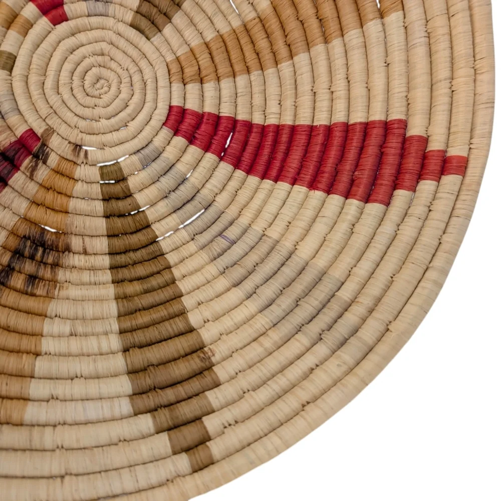 VINTAGE Handwoven Ghana Basket Tray Round African Woven Bowl Red Tan Blue 14